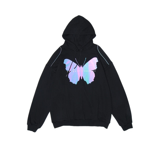 Men Hip Hop Variable Reflective Butterfly Hoodie Sweatshirt Autumn Streetwear Harajuku Oversized Cotton Pullover Hoodie